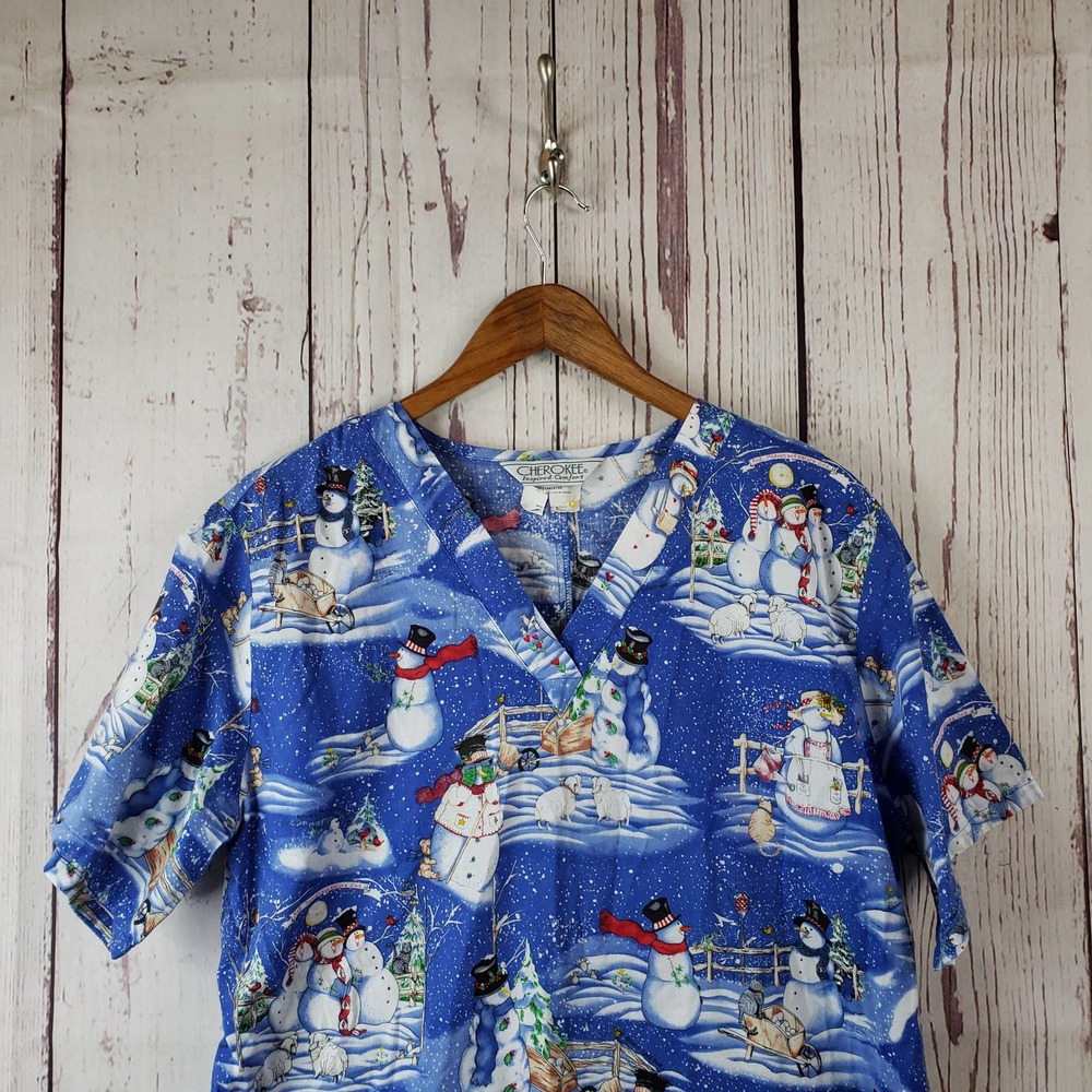 Cherokee Scrub Top Womens Size Christmas Snowman Holiday Cotton Blue